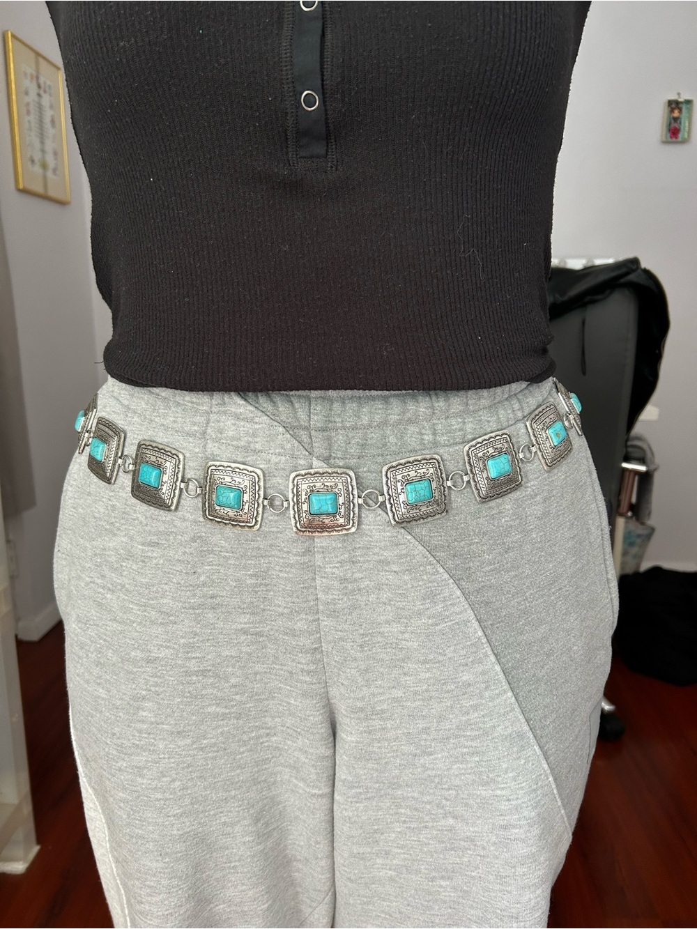 Turquoise Square-Link Statement Waist Chain Belt